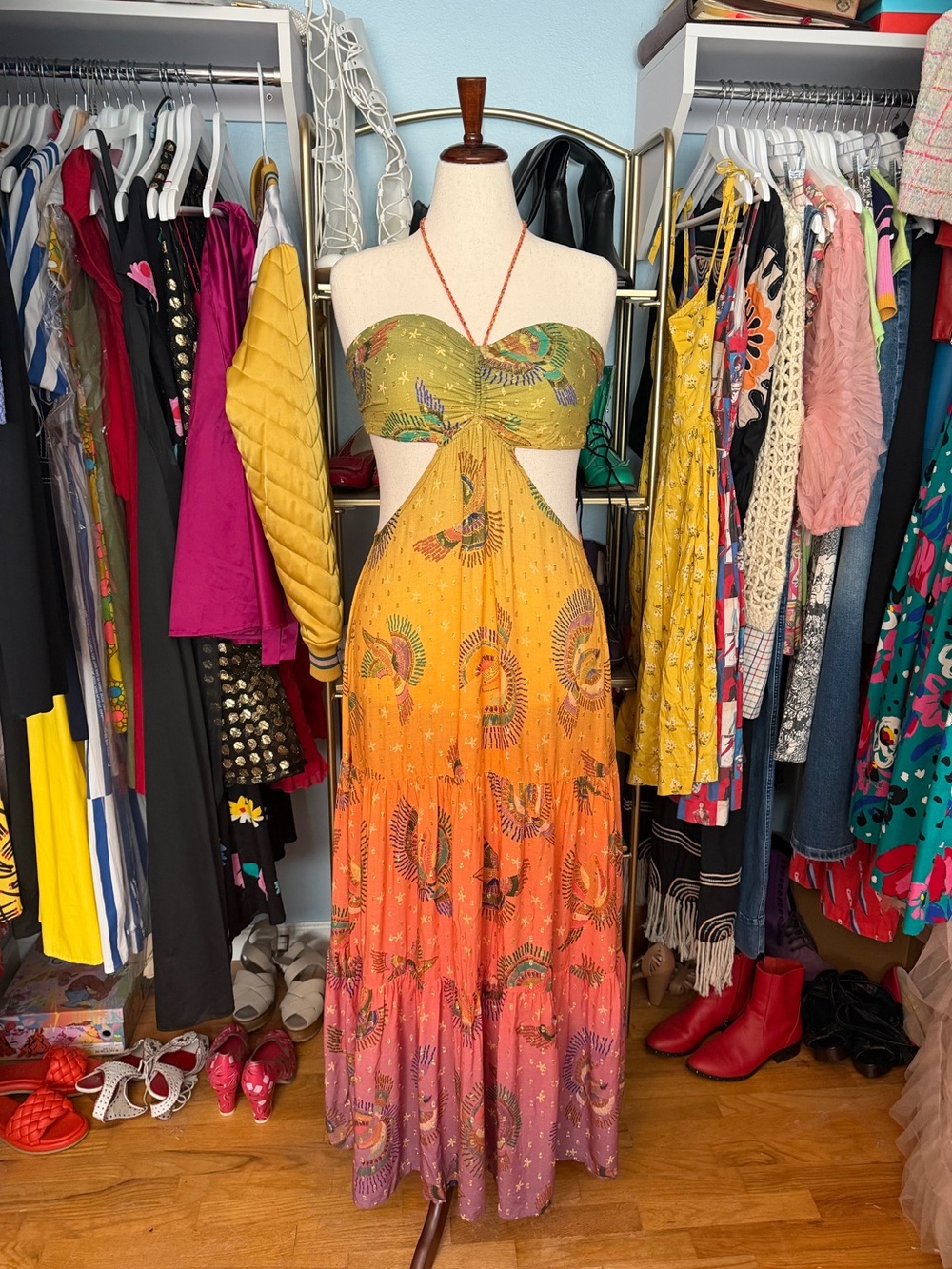 Bohemian Cutout Maxi Dress in Green & Orange
